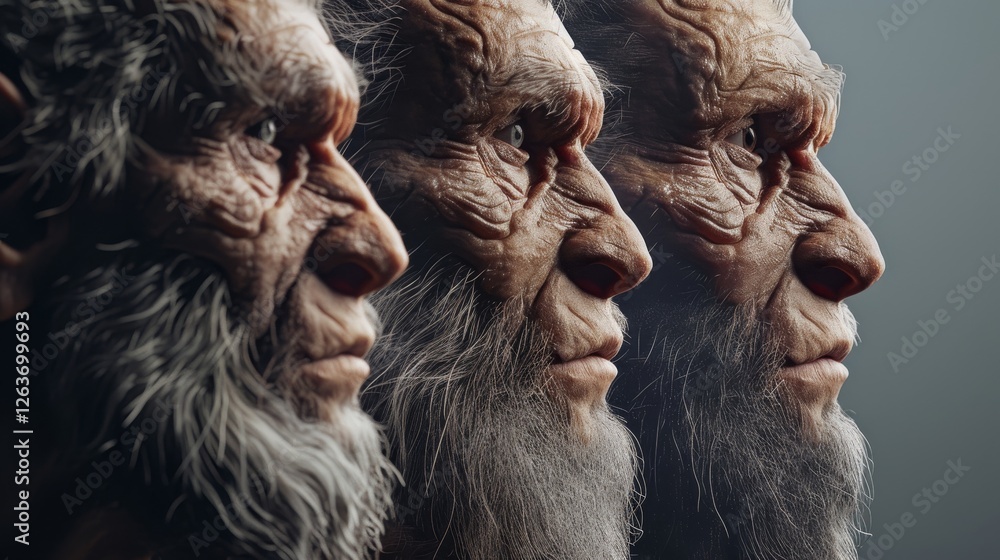 Close-up side profiles of aged prehistoric men showing detailed wrinkles, textured hair, and expressive faces in a stylized and artistic format. AI generated.