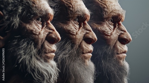 Obraz na płótnie Close-up side profiles of aged prehistoric men showing detailed wrinkles, textured hair, and expressive faces in a stylized and artistic format. AI generated. w salonie