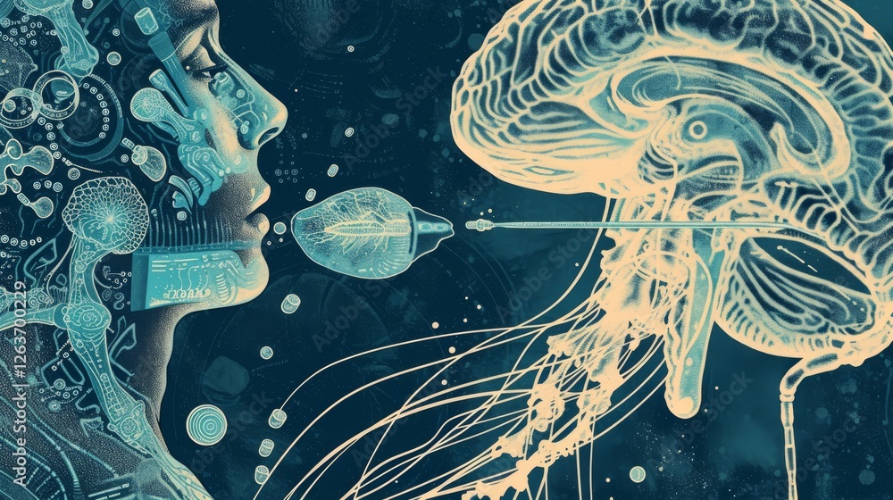 Artistic visualization of a human profile interacting with futuristic brain imagery, highlighting neural pathways and advanced science concepts. AI generated.