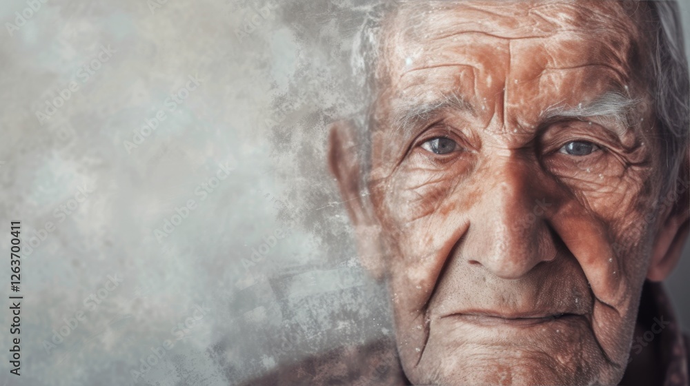 A highly detailed close-up portrait of an elderly man with deep wrinkles and a contemplative gaze. The image blends realism with abstract textures, creating a surreal effect. AI generated.