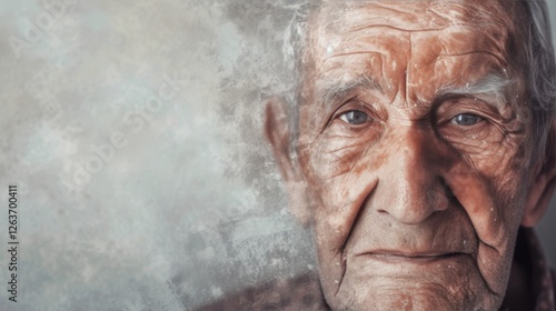 Obraz na płótnie A highly detailed close-up portrait of an elderly man with deep wrinkles and a contemplative gaze. The image blends realism with abstract textures, creating a surreal effect. AI generated. w salonie
