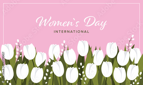 Women s day banner with white tulips. Flyer for international women s day. Minimalist design on a soft pink background. Vector illustration. photo