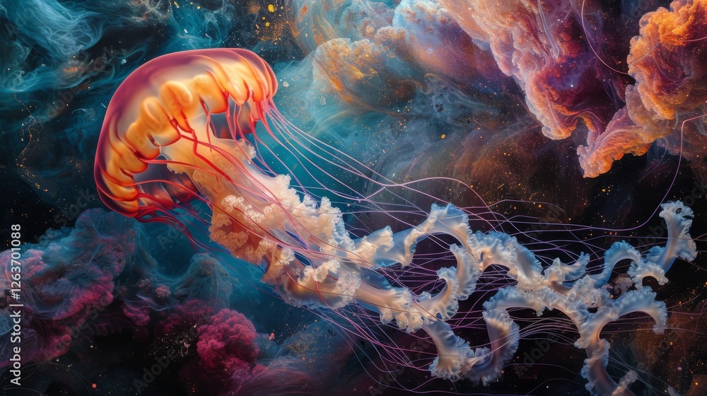 A stunning image of a glowing jellyfish floating amidst vibrant, colorful cosmic clouds, creating a surreal underwater and outer space fusion. AI generated.