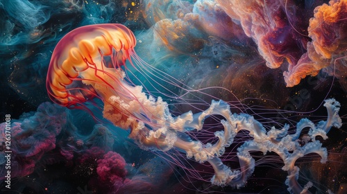 Obraz na płótnie A stunning image of a glowing jellyfish floating amidst vibrant, colorful cosmic clouds, creating a surreal underwater and outer space fusion. AI generated. w salonie