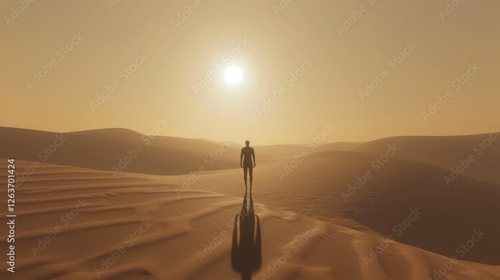 A lone silhouette walks across expansive desert dunes at sunrise, creating a serene, minimalist atmosphere with warm golden light and deep shadows. AI generated.