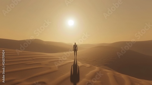 Obraz na płótnie A lone silhouette walks across expansive desert dunes at sunrise, creating a serene, minimalist atmosphere with warm golden light and deep shadows. AI generated. w salonie