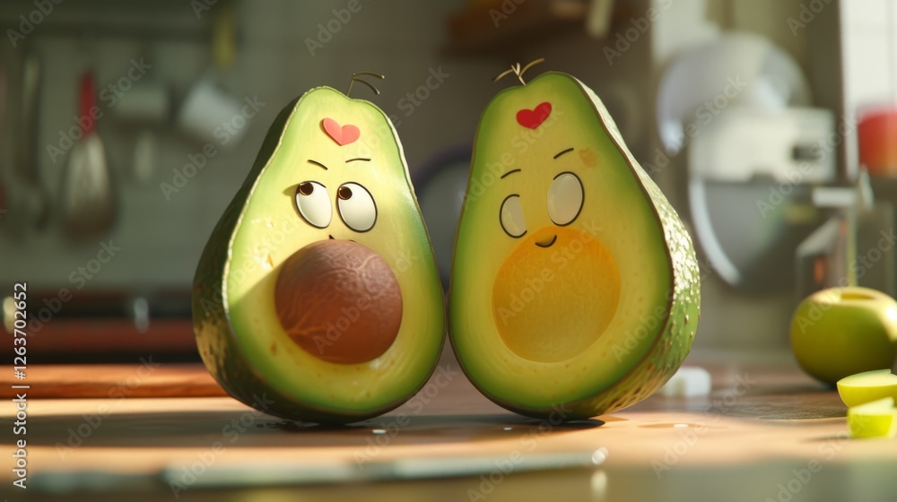 A delightful depiction of two animated avocado halves with playful faces and heart decorations, set in a cozy kitchen environment. AI generated.