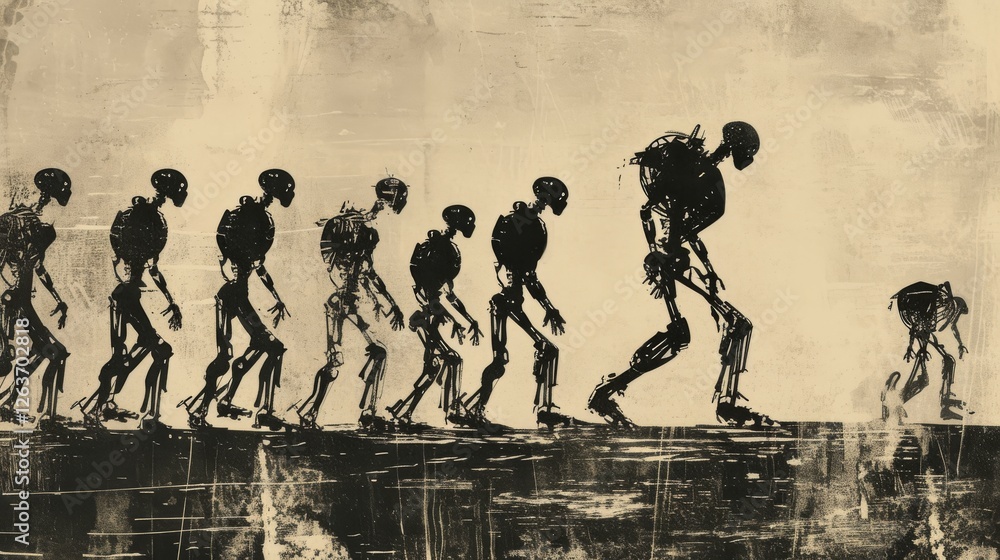 Silhouette art depicting the evolution of robotic figures, transitioning from primitive forms to advanced designs in a dystopian style. AI generated.