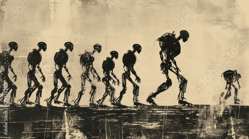 Obraz na płótnie Silhouette art depicting the evolution of robotic figures, transitioning from primitive forms to advanced designs in a dystopian style. AI generated. w salonie