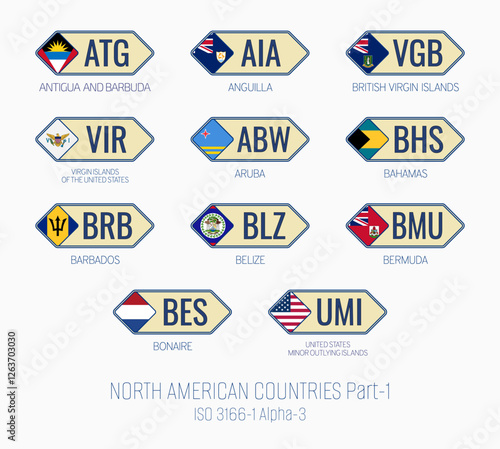 Set of vector illustrations of ISO 3166 1 alpha 3 and flags of NORTH AMERICAN COUNTRIES . Part 1.
