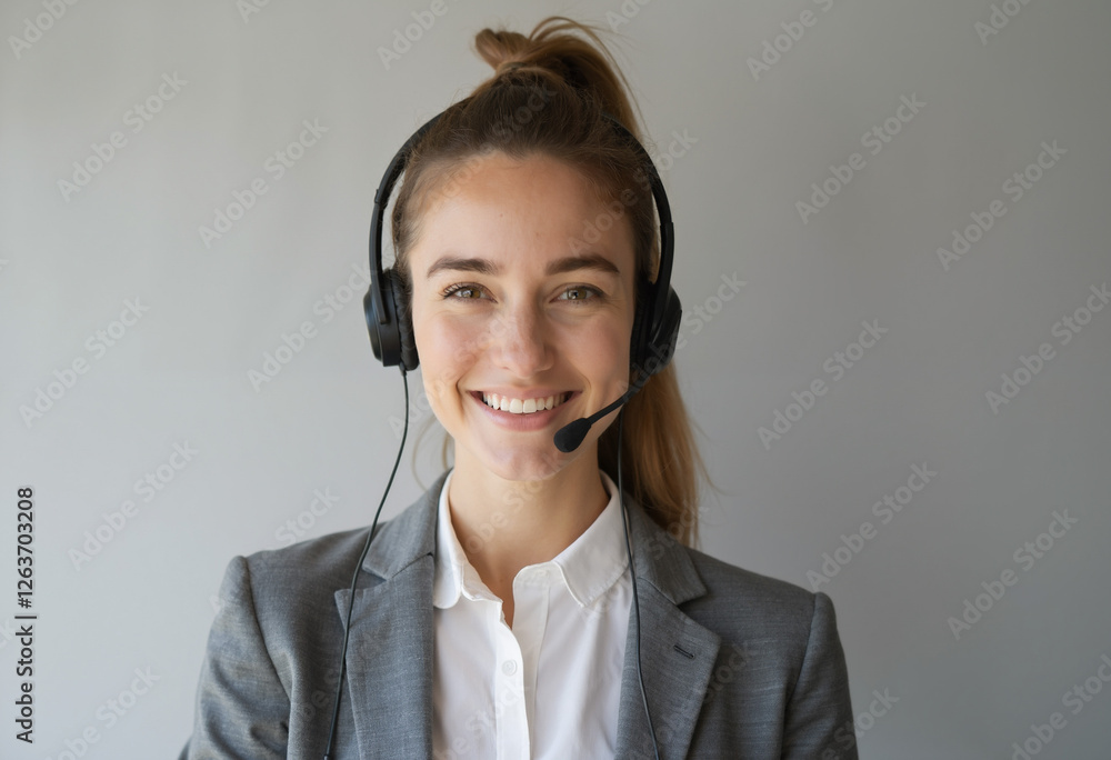 Smiling female call center agent in business attire with headset on a neutral background Smiling female call center agent in business attire with headset on a neutral background