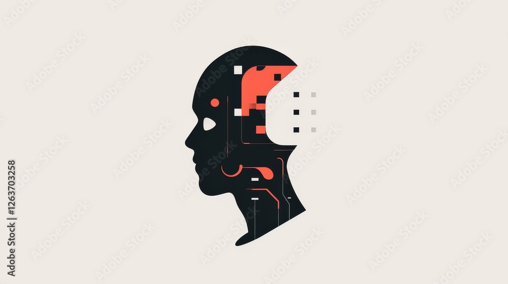 Profile silhouette of a human head featuring abstract circuit patterns and modern tech aesthetics in bold red and black tones, symbolizing AI evolution. AI generated.