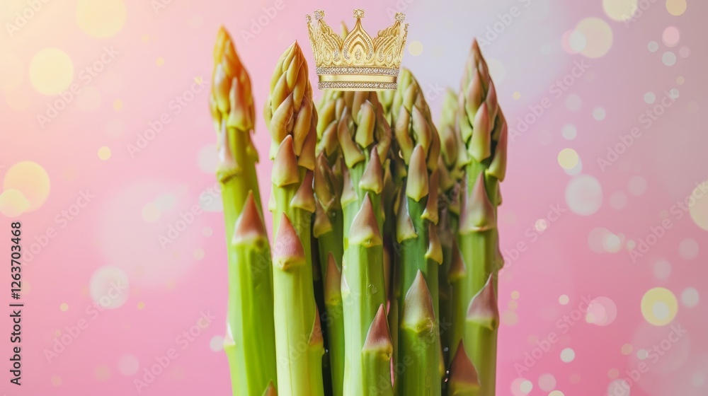 A stylish bunch of asparagus adorned with a golden crown on a bright pink background with soft bokeh. A vibrant representation of royalty and healthy living. AI generated.