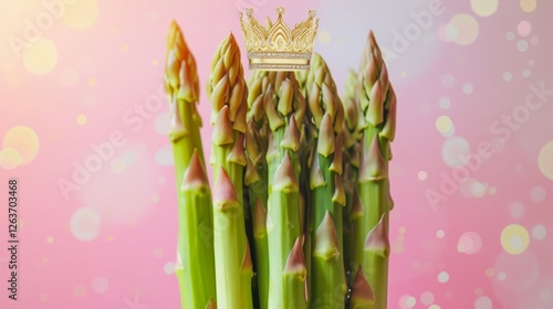 Obraz na płótnie A stylish bunch of asparagus adorned with a golden crown on a bright pink background with soft bokeh. A vibrant representation of royalty and healthy living. AI generated. w salonie