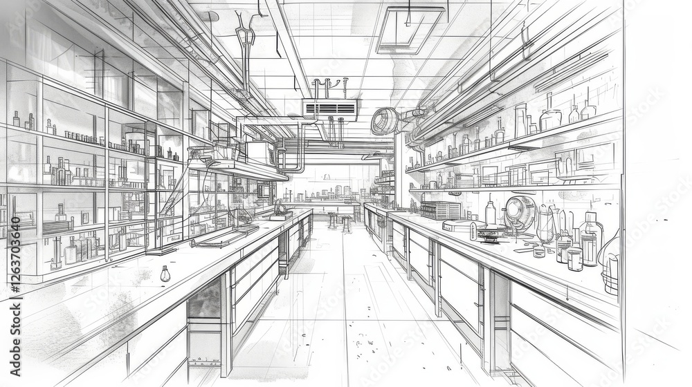 Detailed sketch of a modern industrial laboratory with shelves, equipment, and pipes, showcasing a clean and organized scientific workspace. Ideal for technical designs. AI generated.