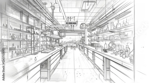 Obraz na płótnie Detailed sketch of a modern industrial laboratory with shelves, equipment, and pipes, showcasing a clean and organized scientific workspace. Ideal for technical designs. AI generated. w salonie