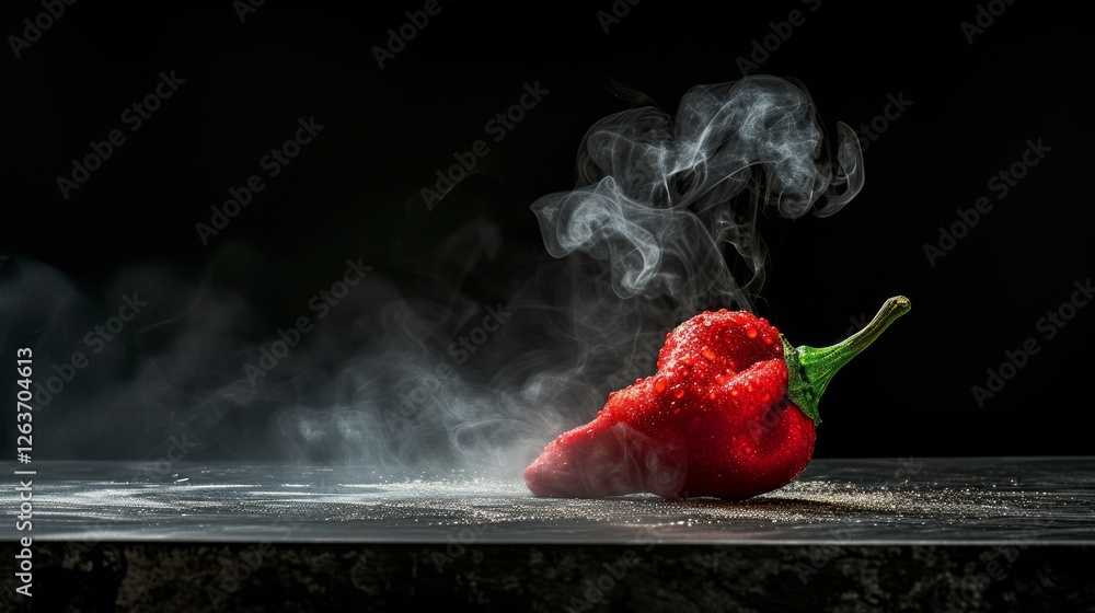 A vibrant red chili pepper emitting steam on a dark surface, showcasing texture and heat, perfect for culinary themes or spice-related concepts. AI generated.