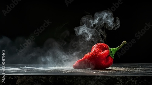 Obraz na płótnie A vibrant red chili pepper emitting steam on a dark surface, showcasing texture and heat, perfect for culinary themes or spice-related concepts. AI generated. w salonie
