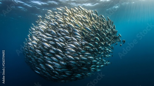 A massive shoal of sardines near the surface Small fish in the ocean searching for food