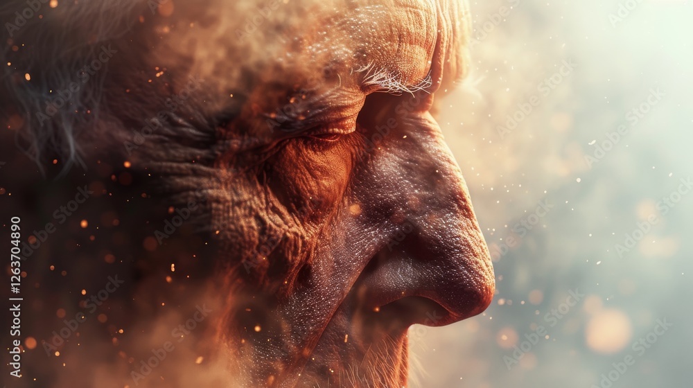 Side profile of an elderly face with ember-like effects and warm, smoky lighting, evoking themes of aging and resilience. AI generated.