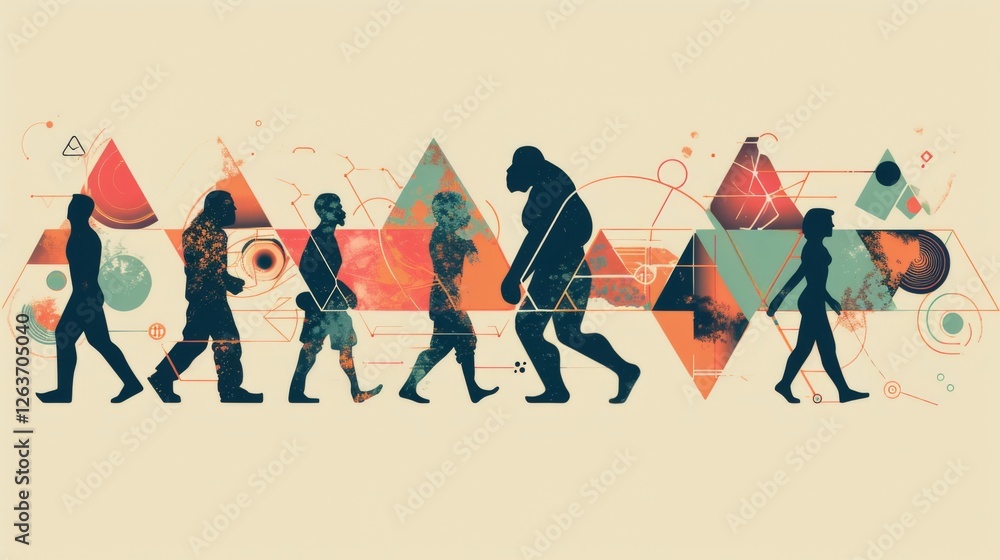 Colorful silhouettes of humans in different stages of evolution, enriched with geometric shapes and abstract elements, showcasing creativity and science. AI generated.