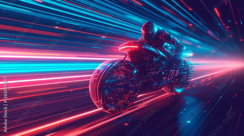 AI-generated art of a futuristic motorcycle racing through a vibrant neon light trail, symbolizing speed, technology, and advanced design in a digital universe.