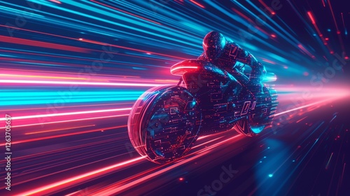 Obraz na płótnie AI-generated art of a futuristic motorcycle racing through a vibrant neon light trail, symbolizing speed, technology, and advanced design in a digital universe. w salonie