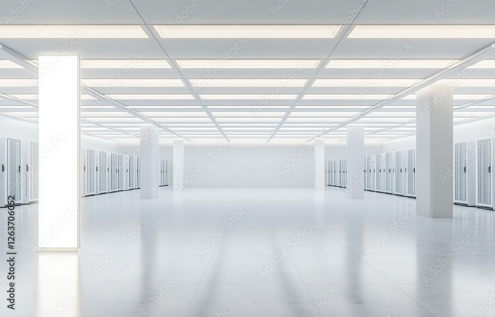 Fototapeta premium A server room in white, rendered in 3D, with computers and storage equipment