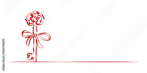 Coquette key with ribbon bow of hand drawn line art style. Simple crayon and sketch symbol for Valentine day and invitations templates. Doodle vector illustration