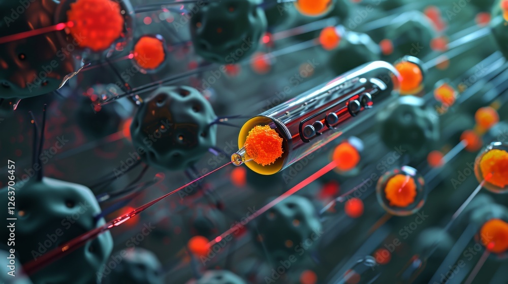 Macro perspective of futuristic nano technology, showcasing molecular structures, orange and black tones, and advanced scientific innovation. AI generated.