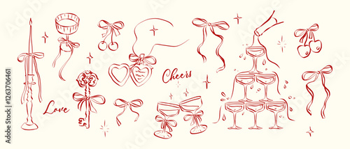 Hand drawn coquette aesthetics elements. Vintage cute symbols with ribbon and bow in simple crayon and sketch style. Trendy art for Valentine day and wedding invitations. Outline vector illustration