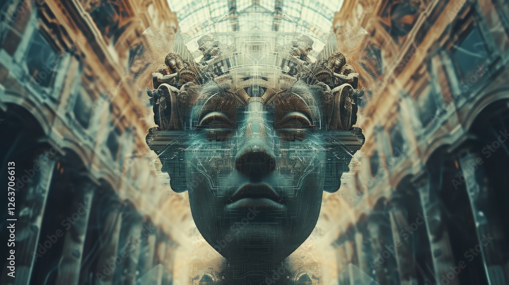 A futuristic metallic sculpture resembling a face, set in a grand architectural hall with layered ornate details and surreal ambiance. AI generated.