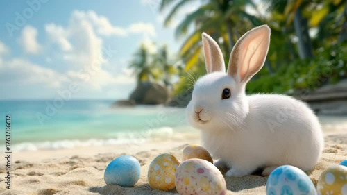 Playful rabbit exploring colorful easter eggs on tropical beach
