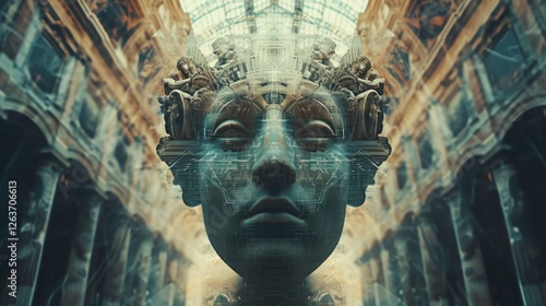 Obraz na płótnie A futuristic metallic sculpture resembling a face, set in a grand architectural hall with layered ornate details and surreal ambiance. AI generated. w salonie