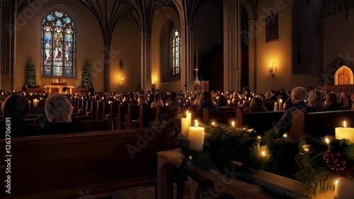 Candlelit christmas service in gothic cathedral with stained glass and choir