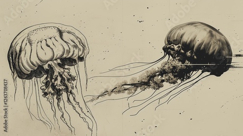 Monochrome illustrations of jellyfish in motion, highlighting their fluid forms and delicate structures. A creative mix of fantasy and marine biology. AI generated.