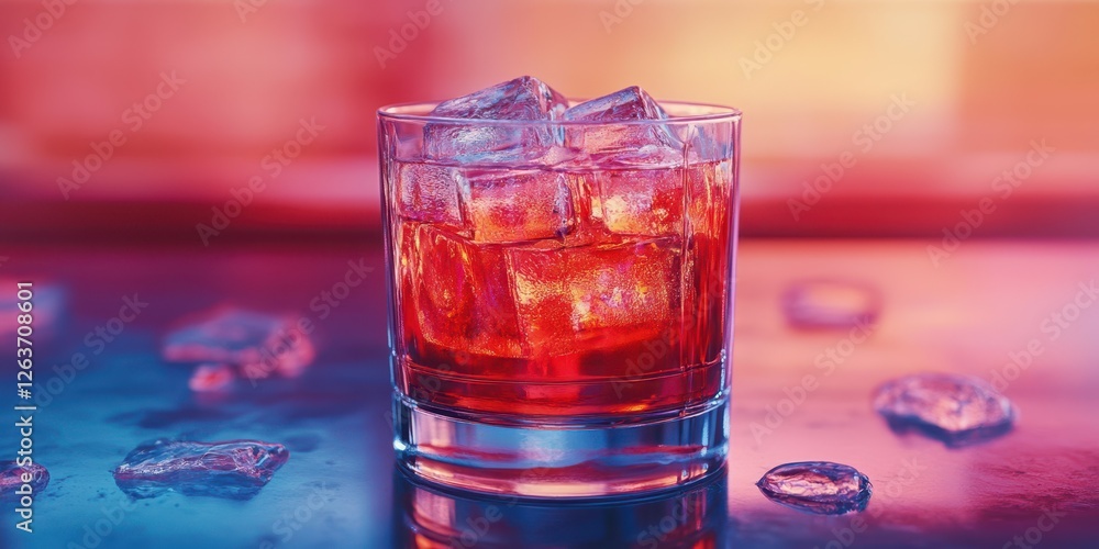 Delicious cocktail served on a smooth surface with colorful backgrounds and ice cubes reflecting light Delicious cocktail served on a smooth surface with colorful backgrounds and ice cubes reflecting light
