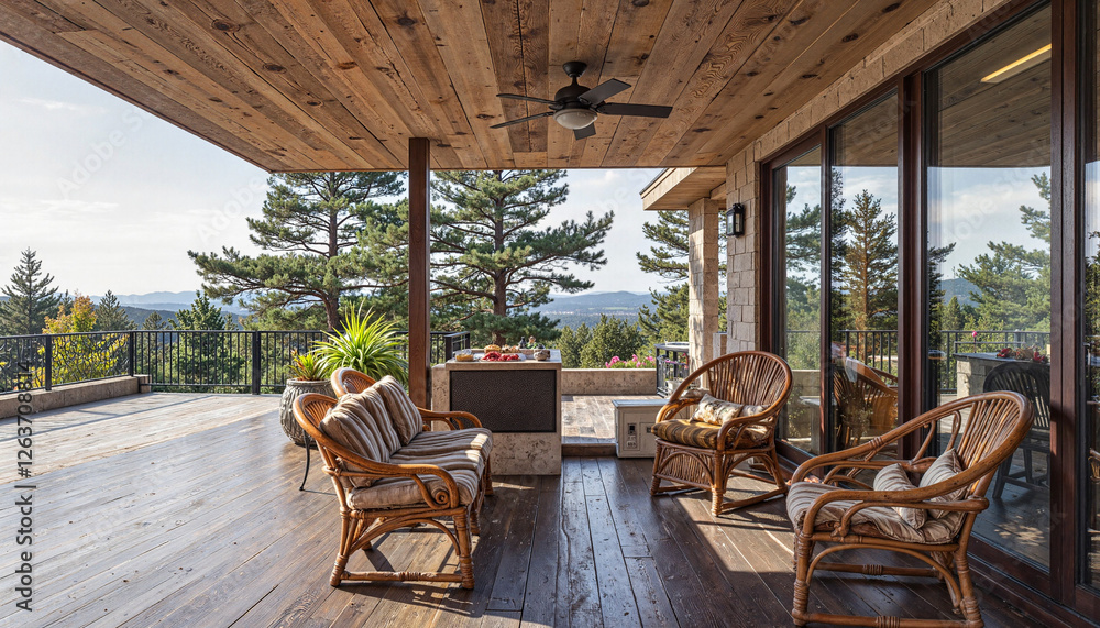 Fototapeta premium Scenic outdoor patio with cozy seating and mountain views, relaxation