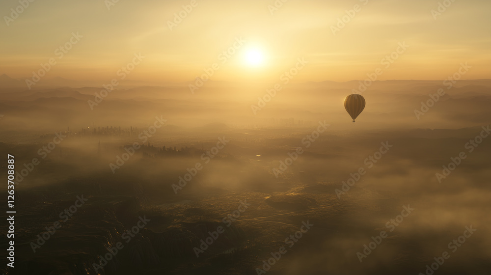 A hot air balloon floating above a misty landscape at sunrise, capturing the beauty of adventure, serenity, and the vastness of the open sky. Image made using Generative AI.