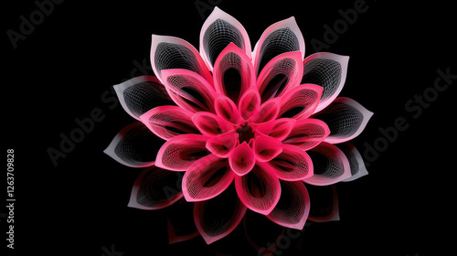 vibrant pink flower with intricate petal designs, set against black background, creates stunning visual effect. reflection adds depth and elegance to composition