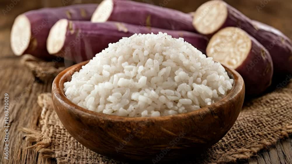 Fresh cooked rice in wooden bowl paired with sliced sweet potatoes on rustic burlap Fresh cooked rice in wooden bowl paired with sliced sweet potatoes on rustic burlap