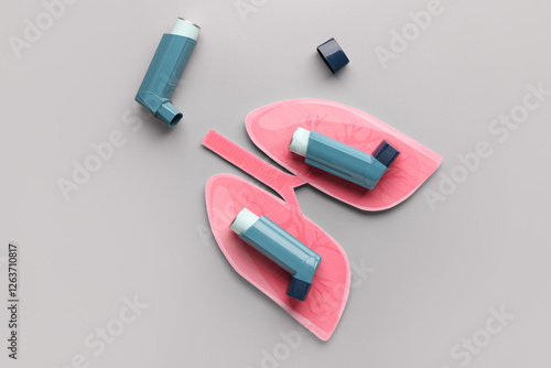 Inhalers and paper lungs on grey background photo