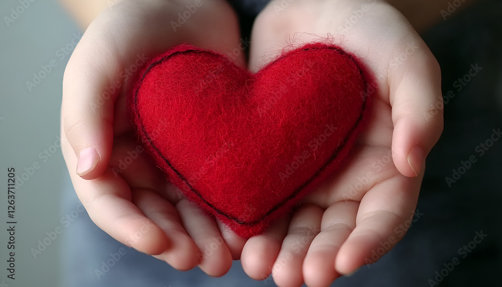 Red heart in child hands, hand made gift, valentine day and family love concept, close up, horizontal Red heart in child hands, hand made gift, valentine day and family love concept, close up, horizontal