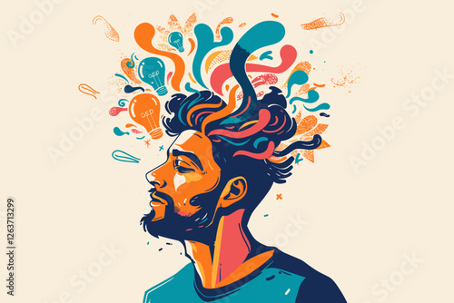 Creative Thinker with Flowing Ideas, Businessman Inspired by Imagination and Innovation, Concept of Creativity