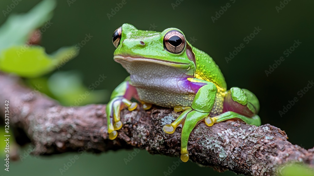 Close-up of vibrant green tree frog on branch, forest background, showcasing nature's detail, ideal for educational or nature-themed media Close-up of vibrant green tree frog on branch, forest background, showcasing nature's detail, ideal for educational or nature-themed media
