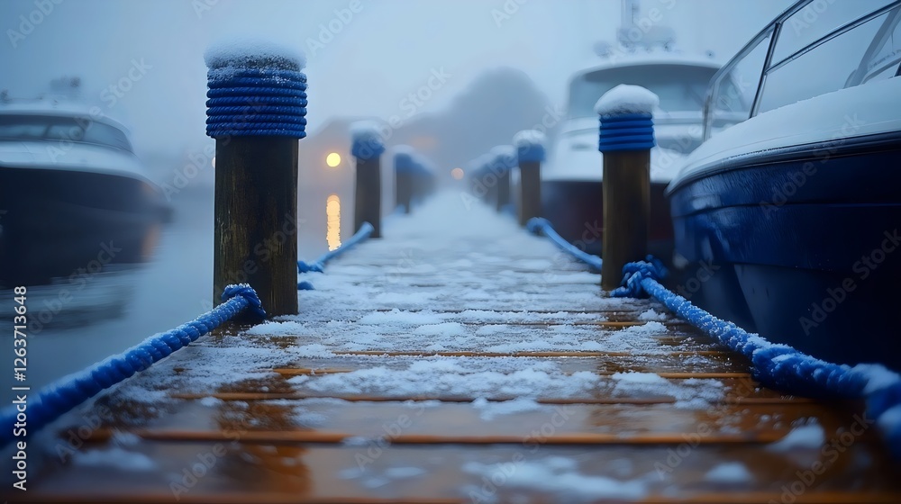 Fototapeta premium A pier with a boat in the water and a blue rope on the pier