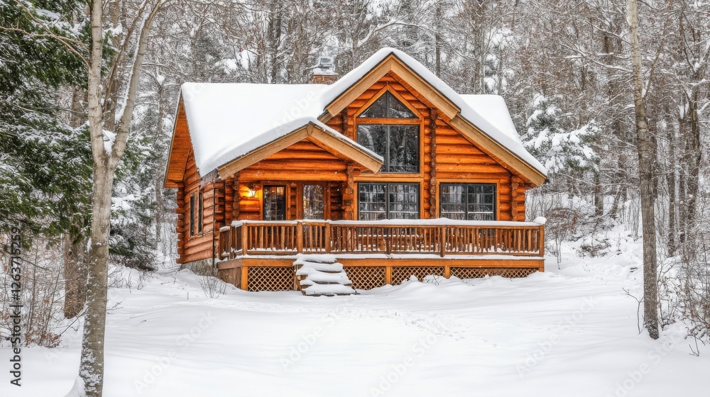 Cozy wooden cabin in winter snow surrounded by tranquil forest Cozy wooden cabin in winter snow surrounded by tranquil forest