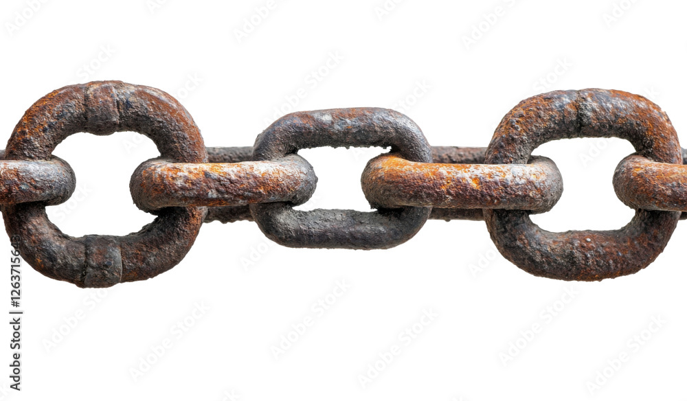 Closeup of a weathered and rusted metal chain on a transparent background, showcasing age, strength, and the concept of connection Closeup of a weathered and rusted metal chain on a transparent background, showcasing age, strength, and the concept of connection