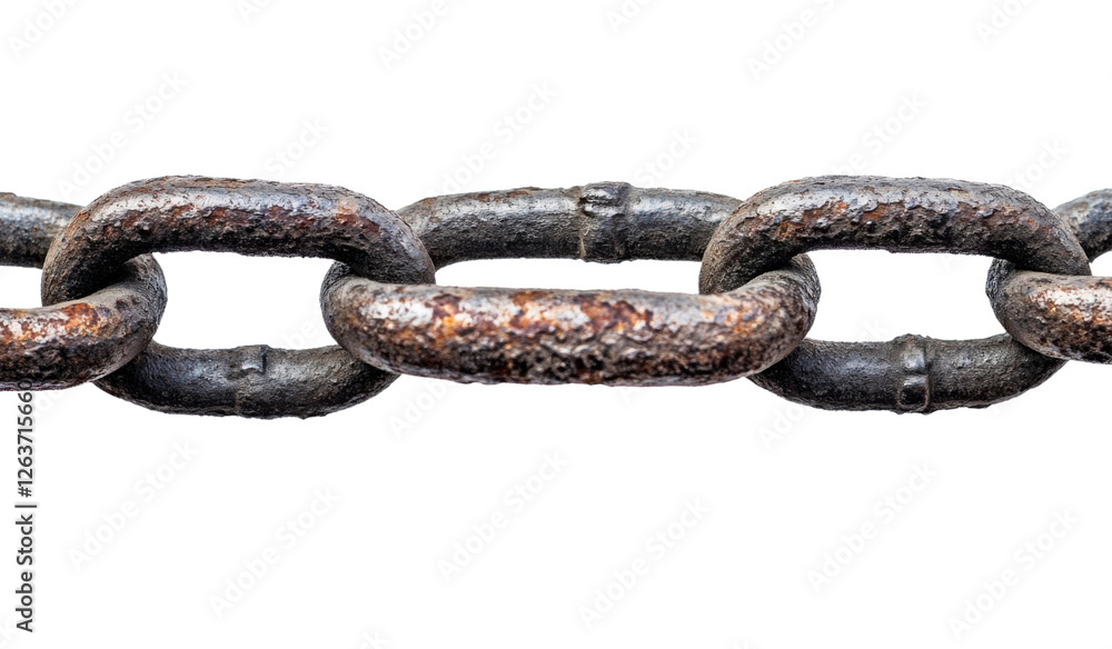 Fototapeta premium Closeup of a weathered and rusted metal chain on a transparent background, showcasing strength, connection, and the passage of time