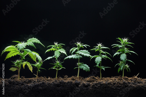 Cannabis plants at different growth stages on dark background.
